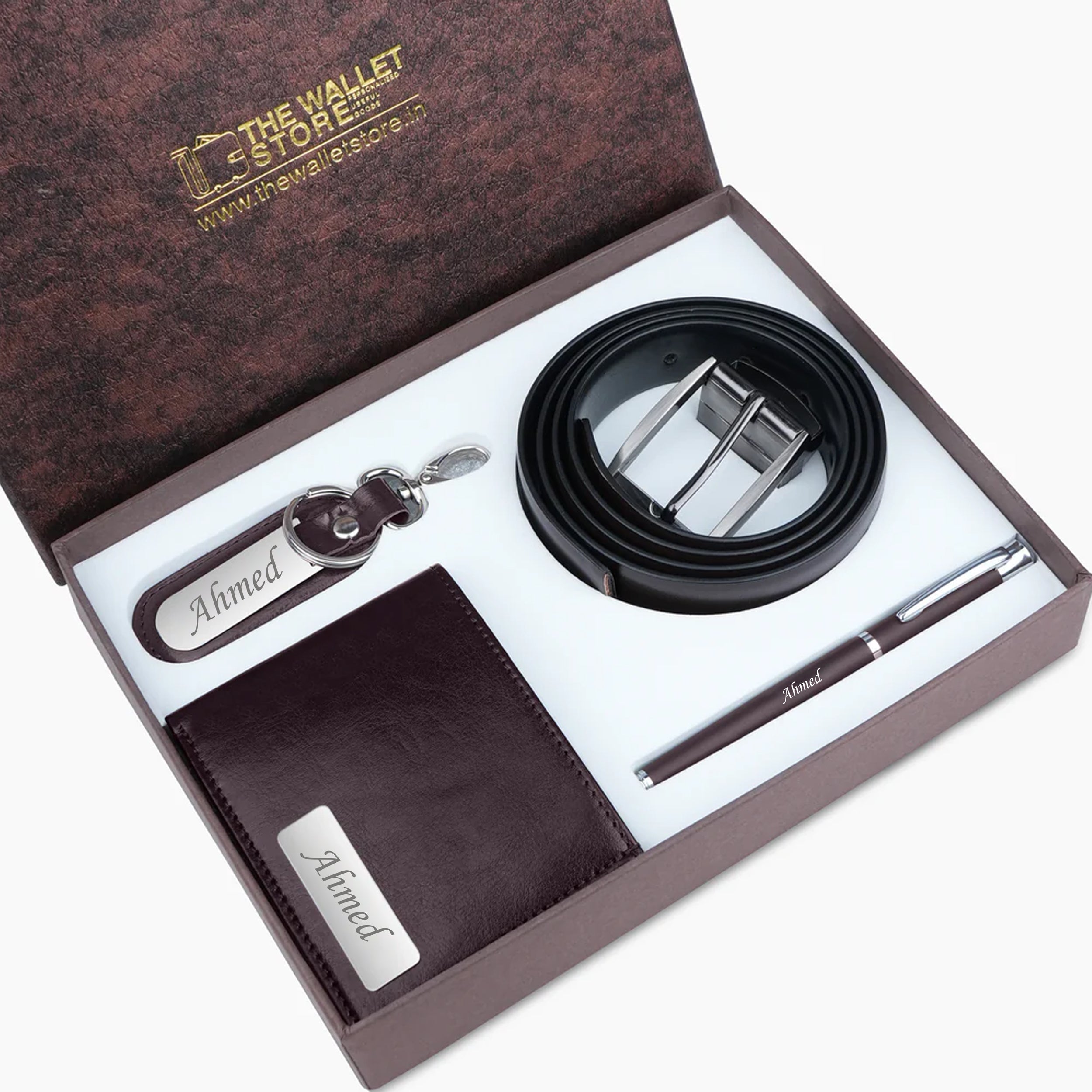 Personalized Wallet, Keychain, Pen & Belt Gift Set for Men