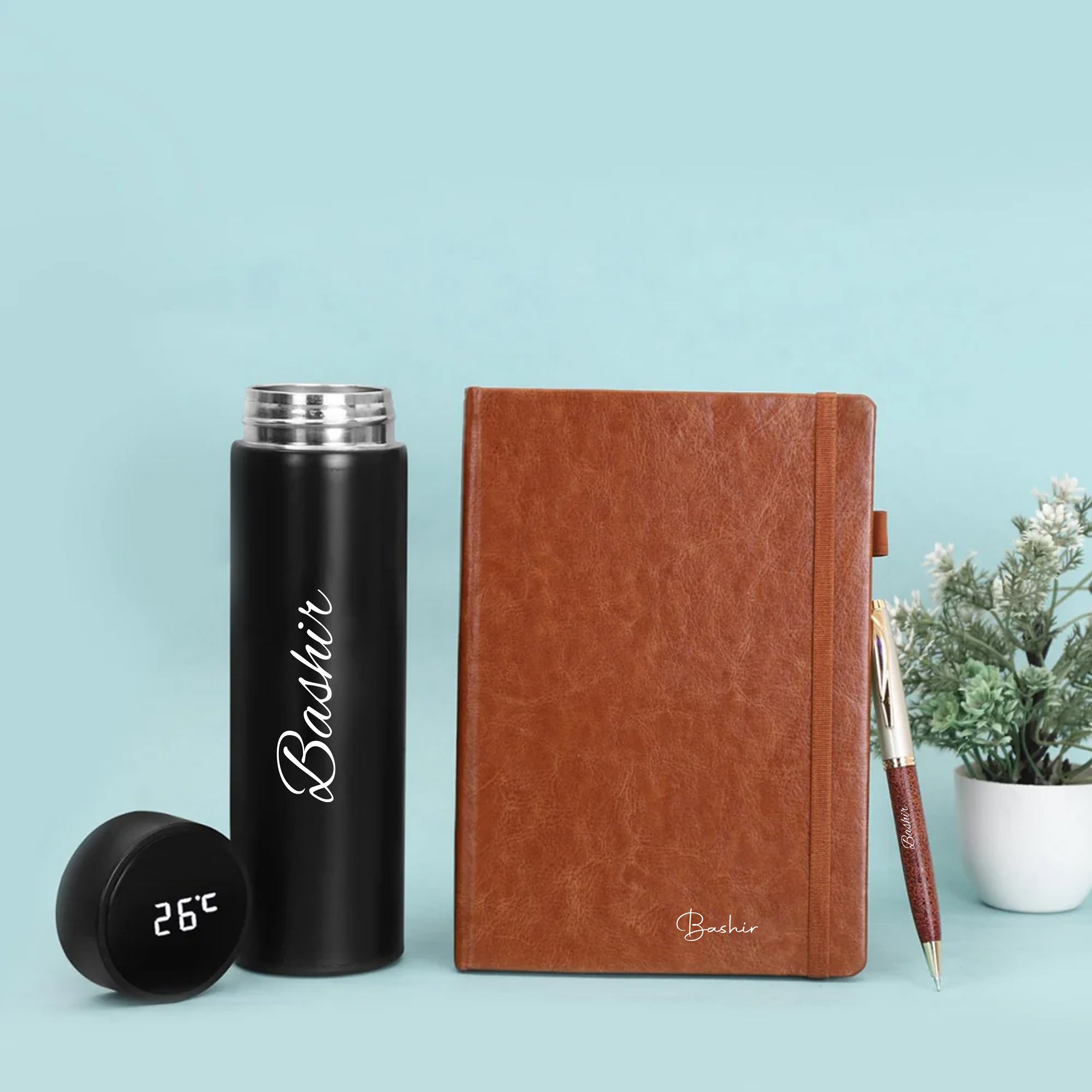 Personalized Brown Diary Pen And Black Bottle Combo