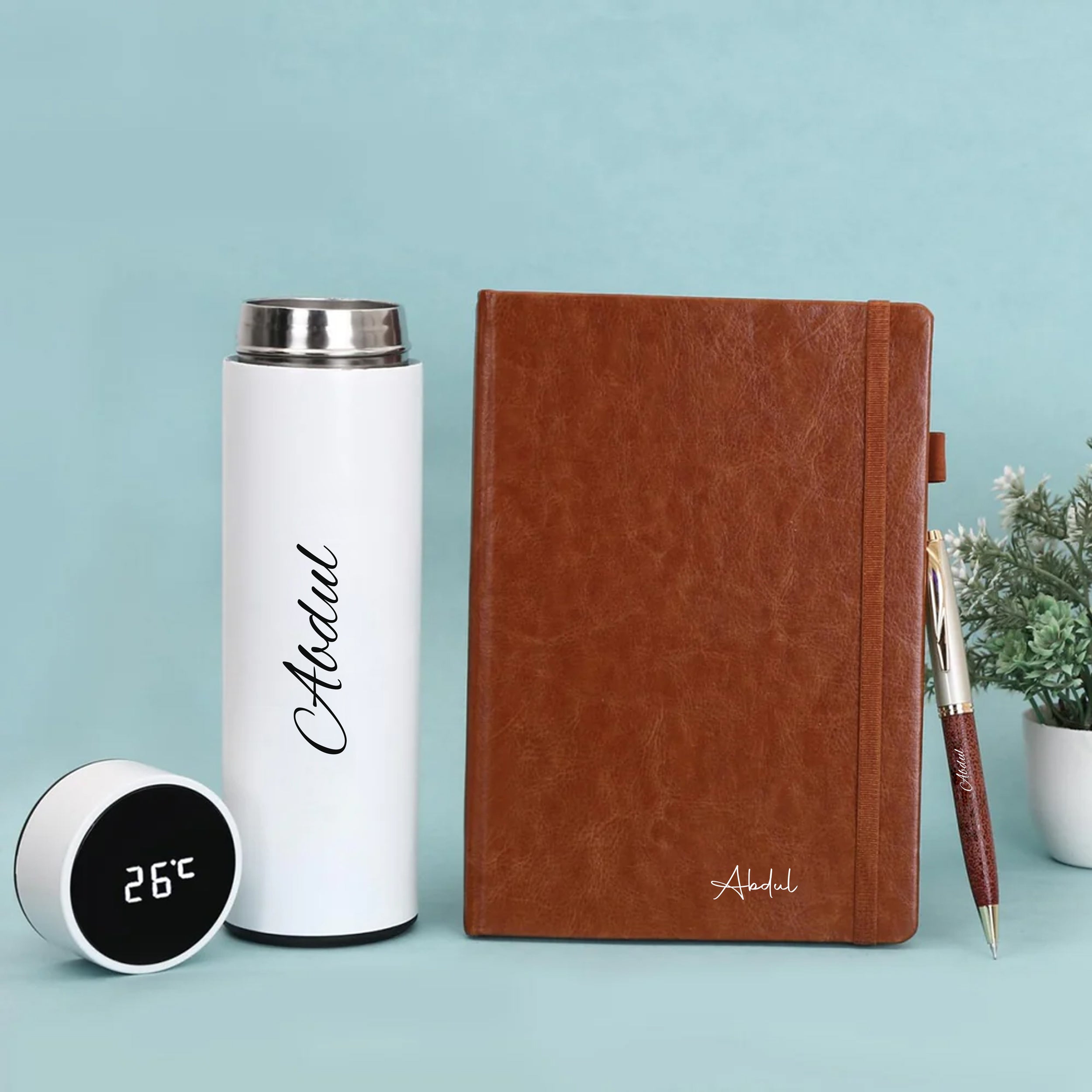 Personalized Brown Diary Pen And White Bottle Combo