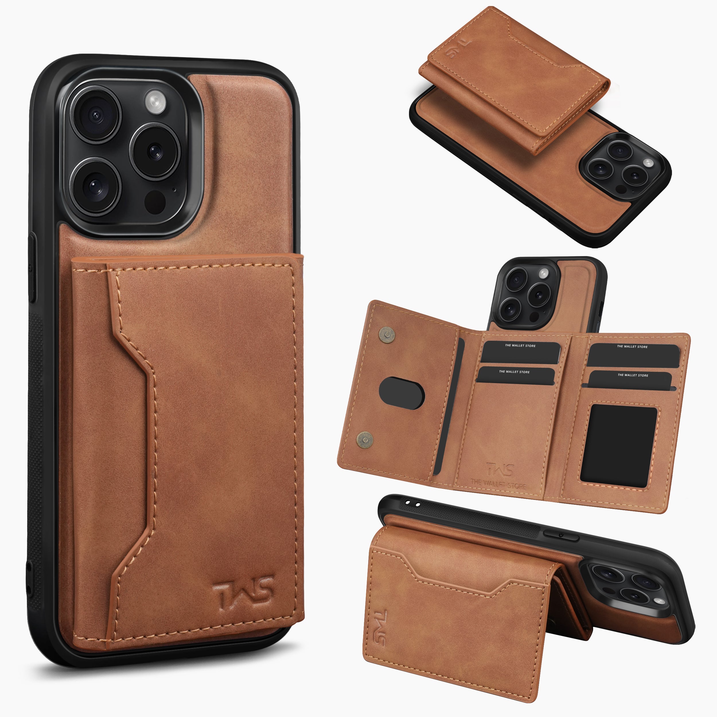 Premium Leather iPhone Case Cover With Detachable Cardholder - Tan