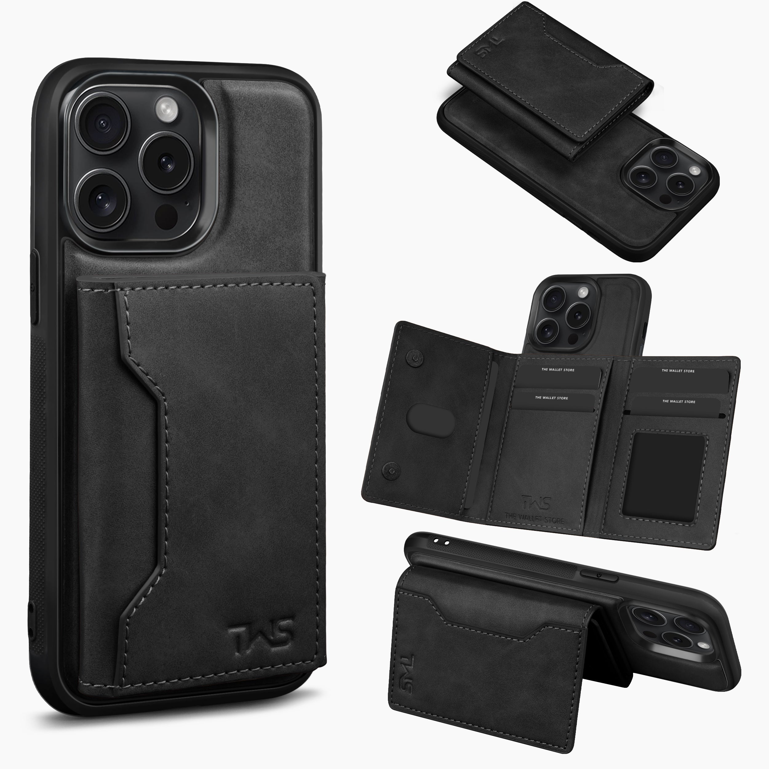 Premium Leather iPhone Case Cover With Detachable Cardholder - Black