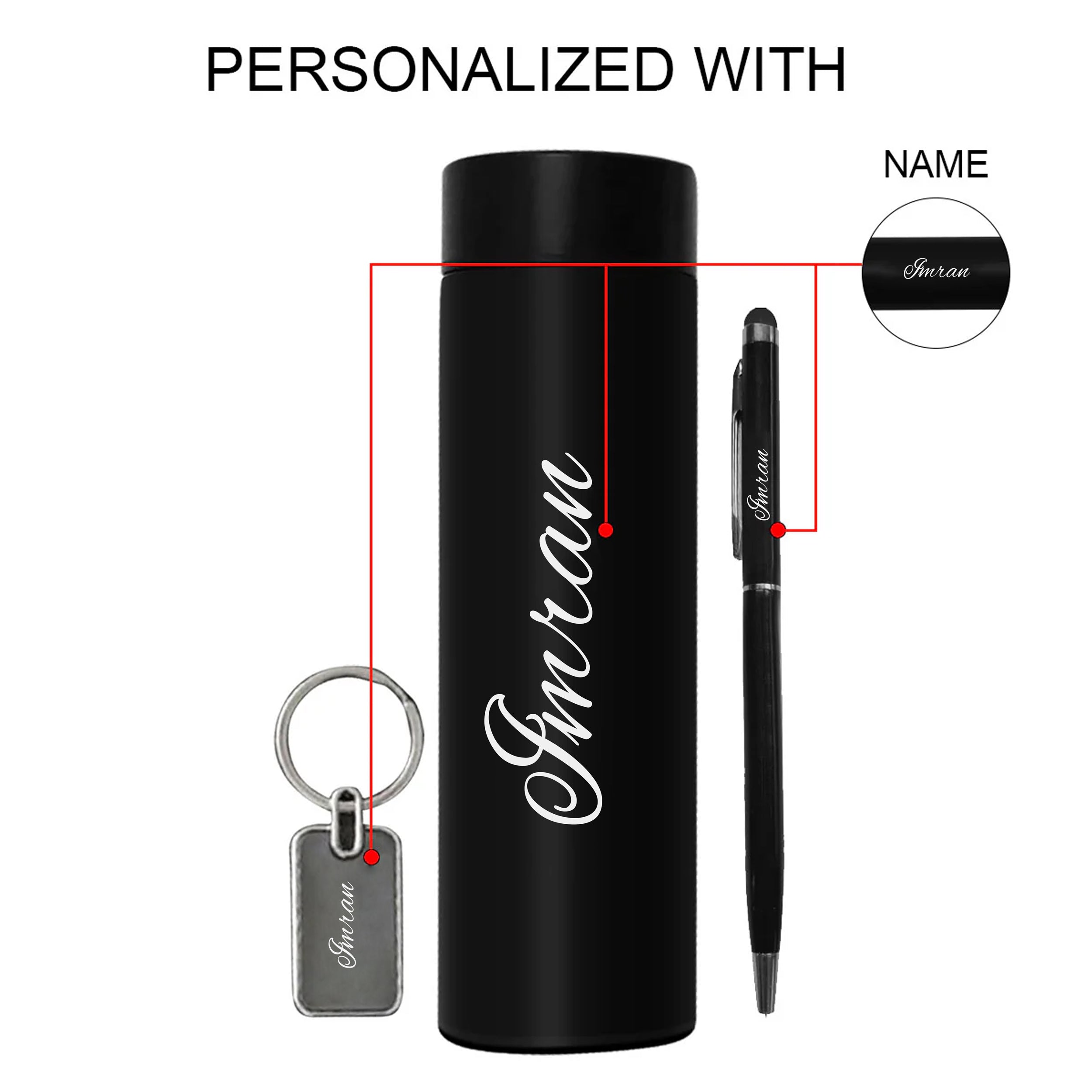 Personalized Key Chain & Pen Combo With Temperature Water Bottle