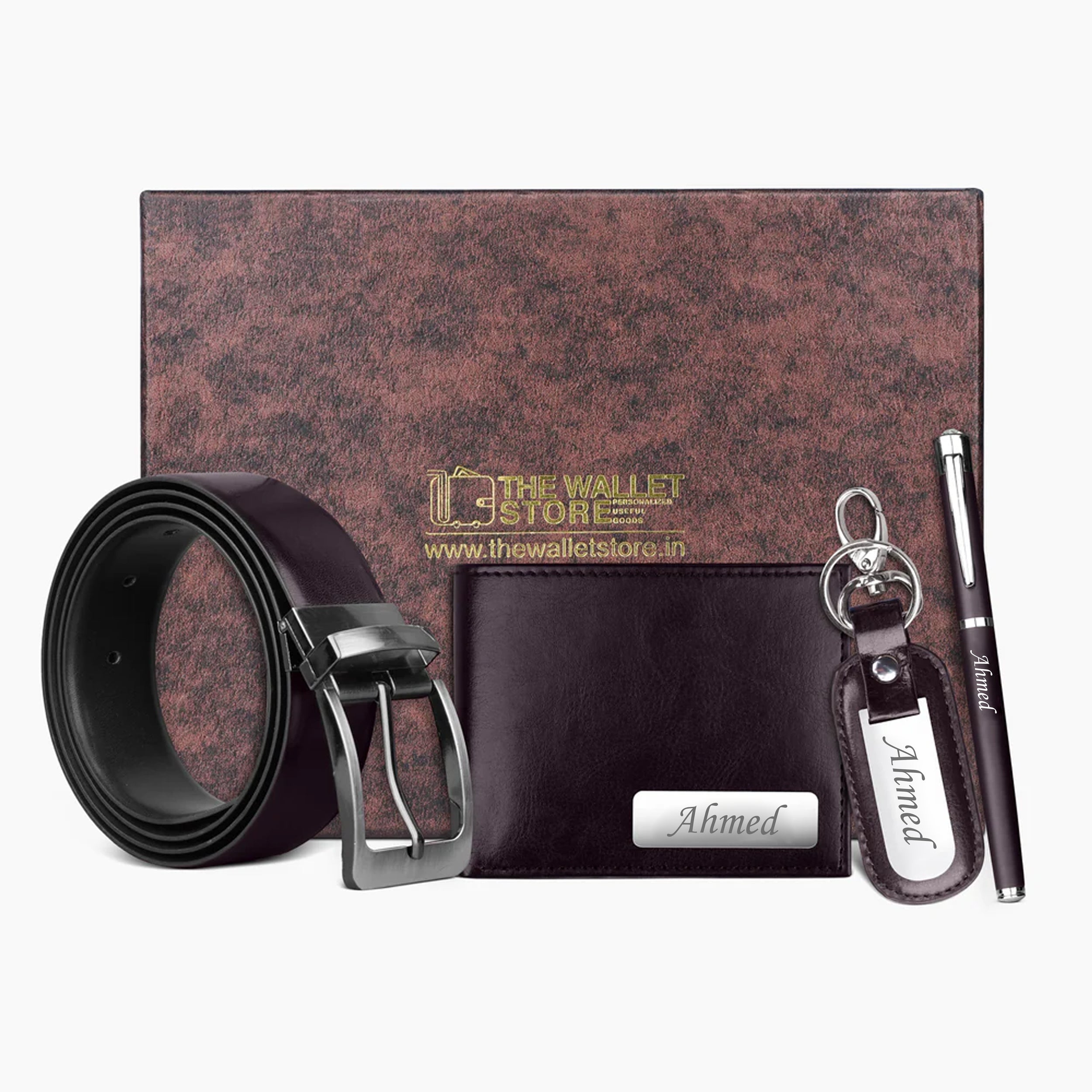 Personalized Wallet, Keychain, Pen & Belt Gift Set for Men