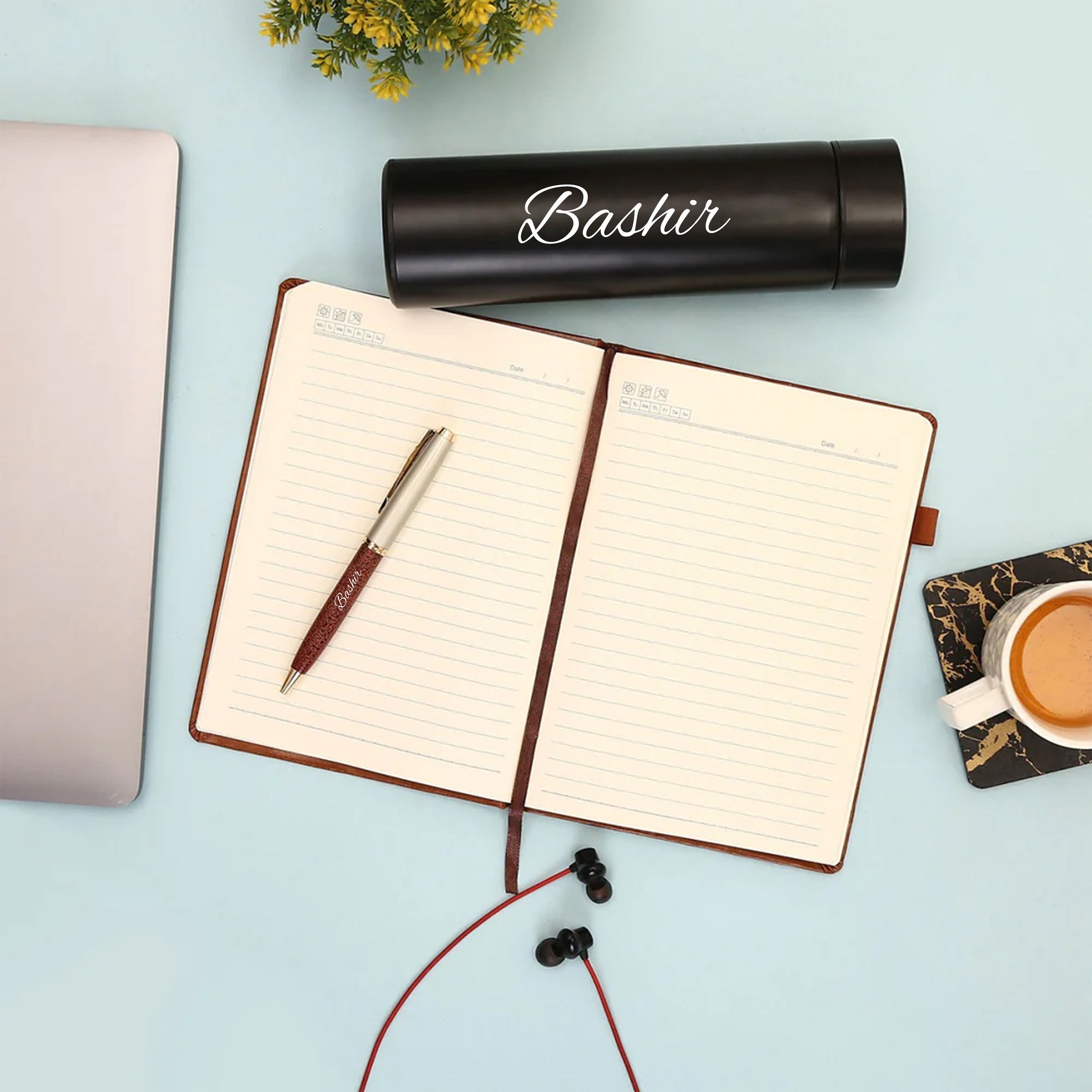 Personalized Brown Diary Pen And Black Bottle Combo