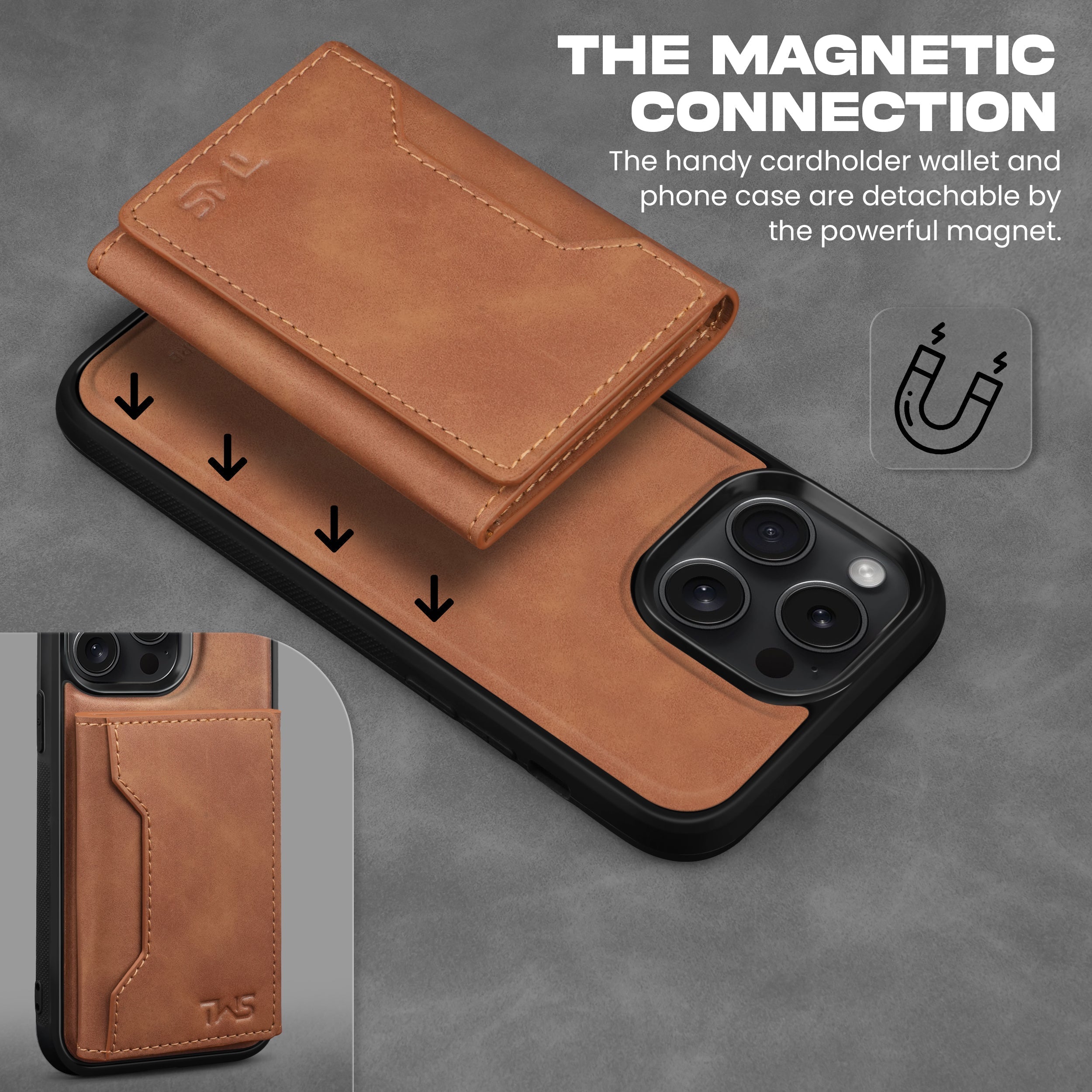 Premium Leather iPhone Case Cover With Detachable Cardholder - Tan