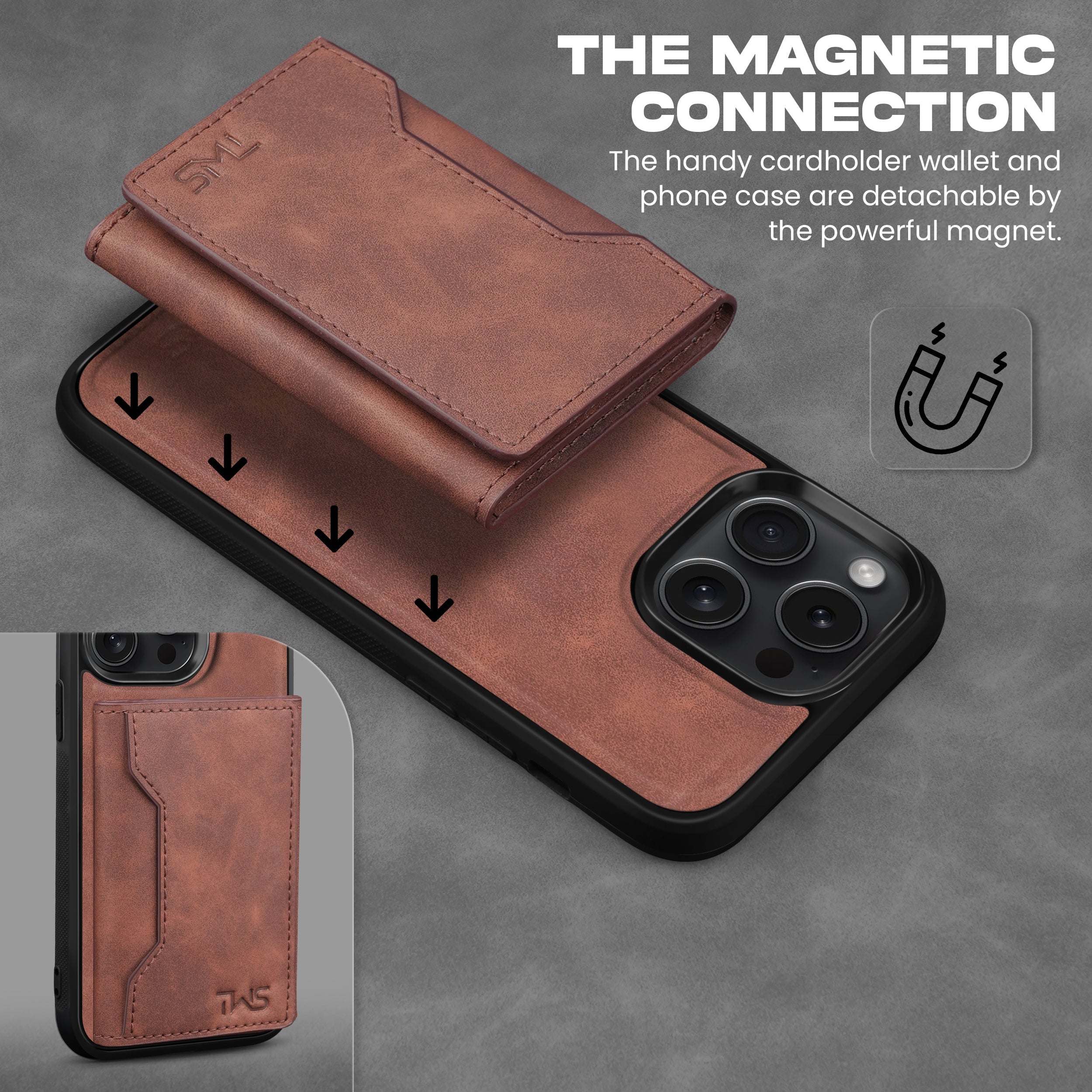 Premium Leather iPhone Case Cover With Detachable Cardholder - Brown