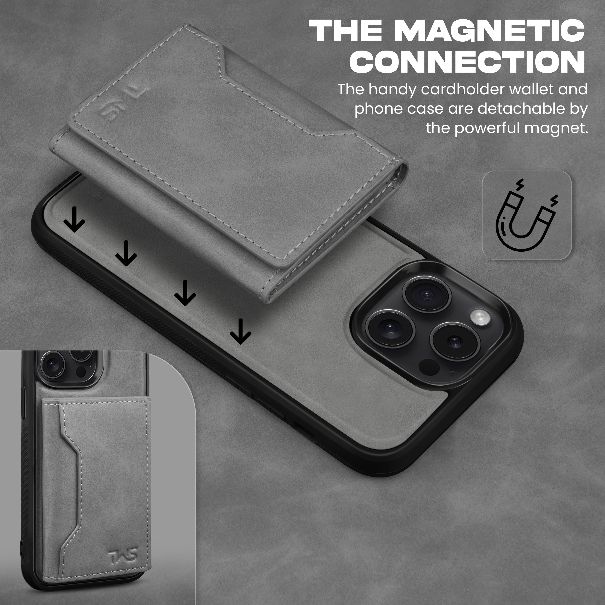 Premium Leather iPhone Case Cover With Detachable Cardholder - Grey