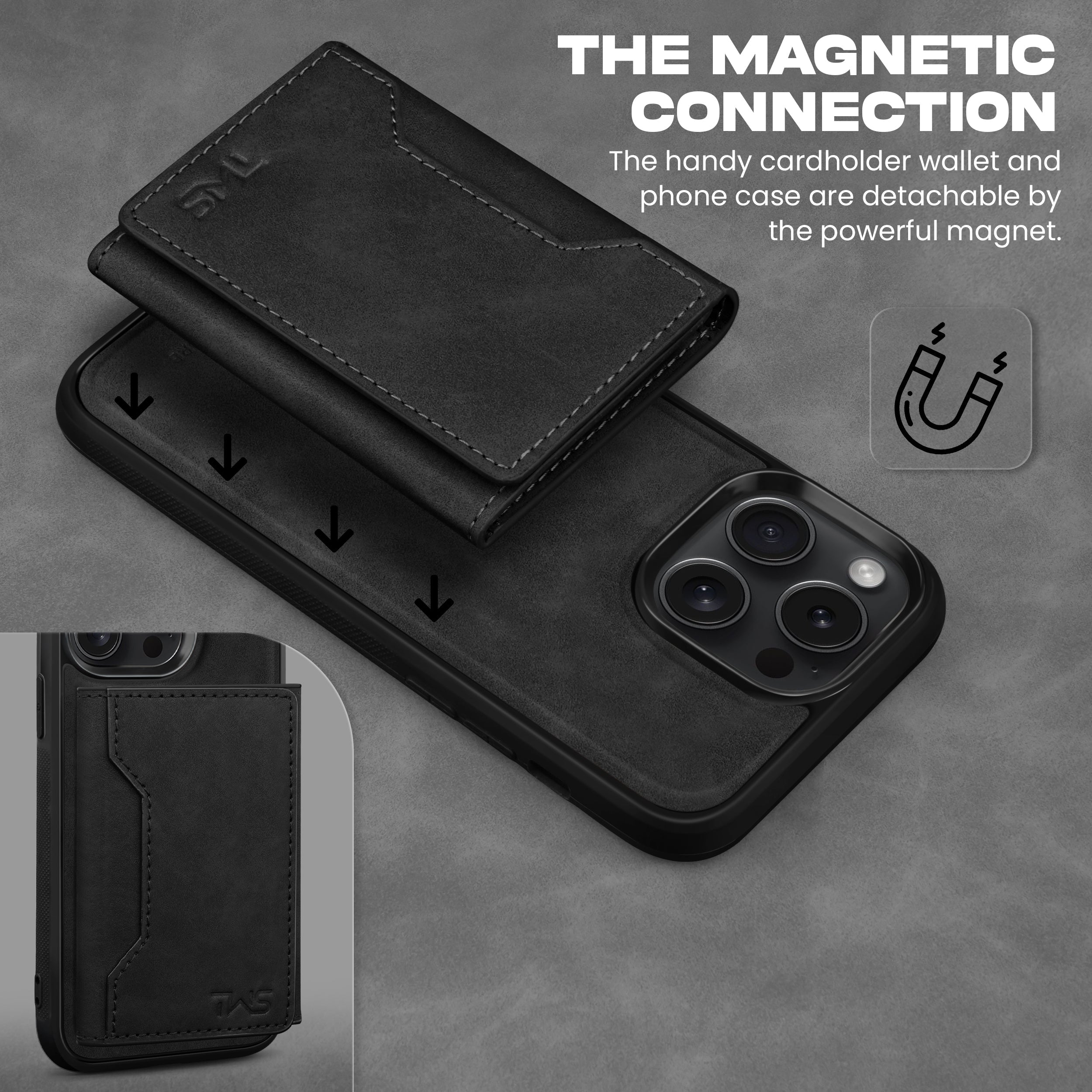 Premium Leather iPhone Case Cover With Detachable Cardholder - Black