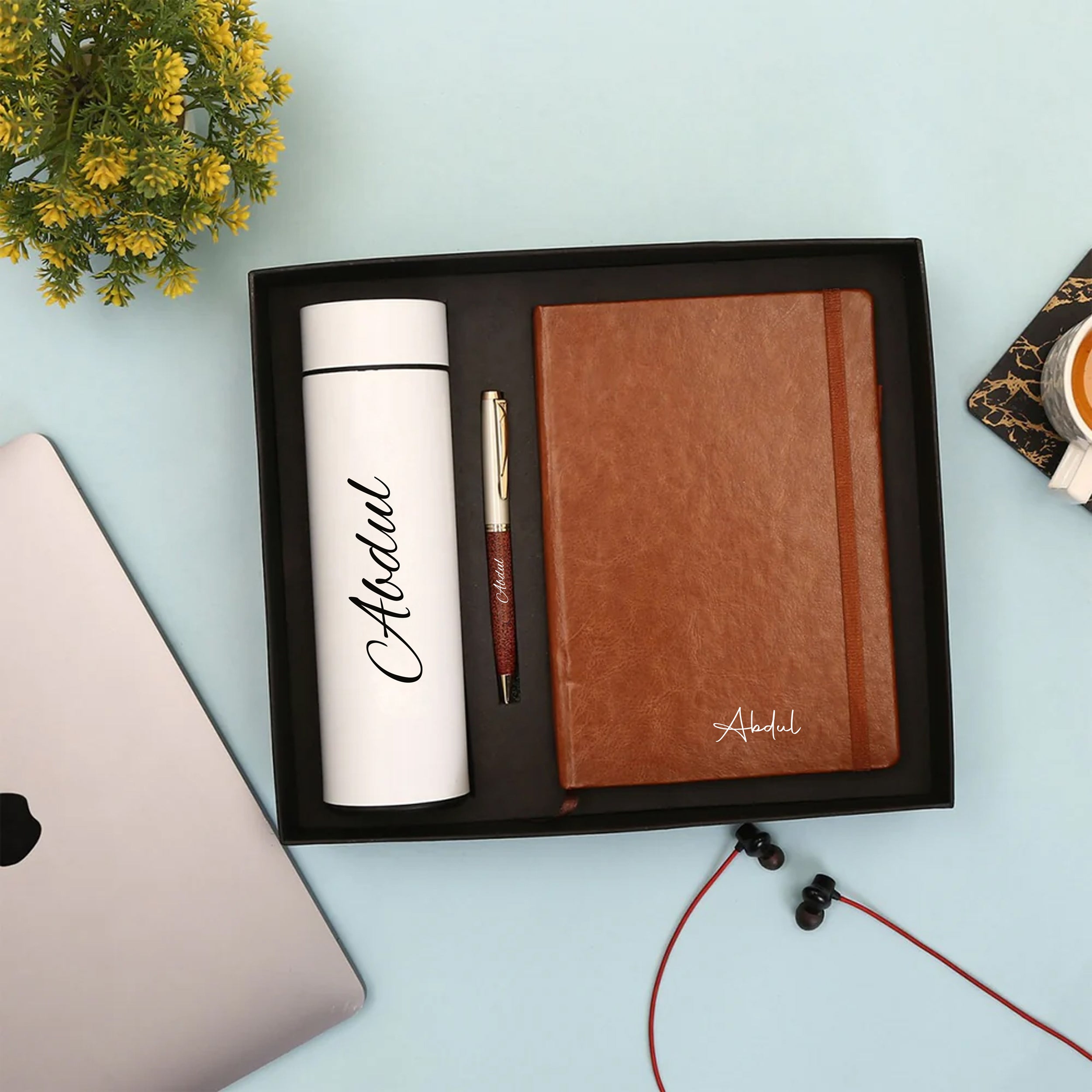 Personalized Brown Diary Pen And White Bottle Combo