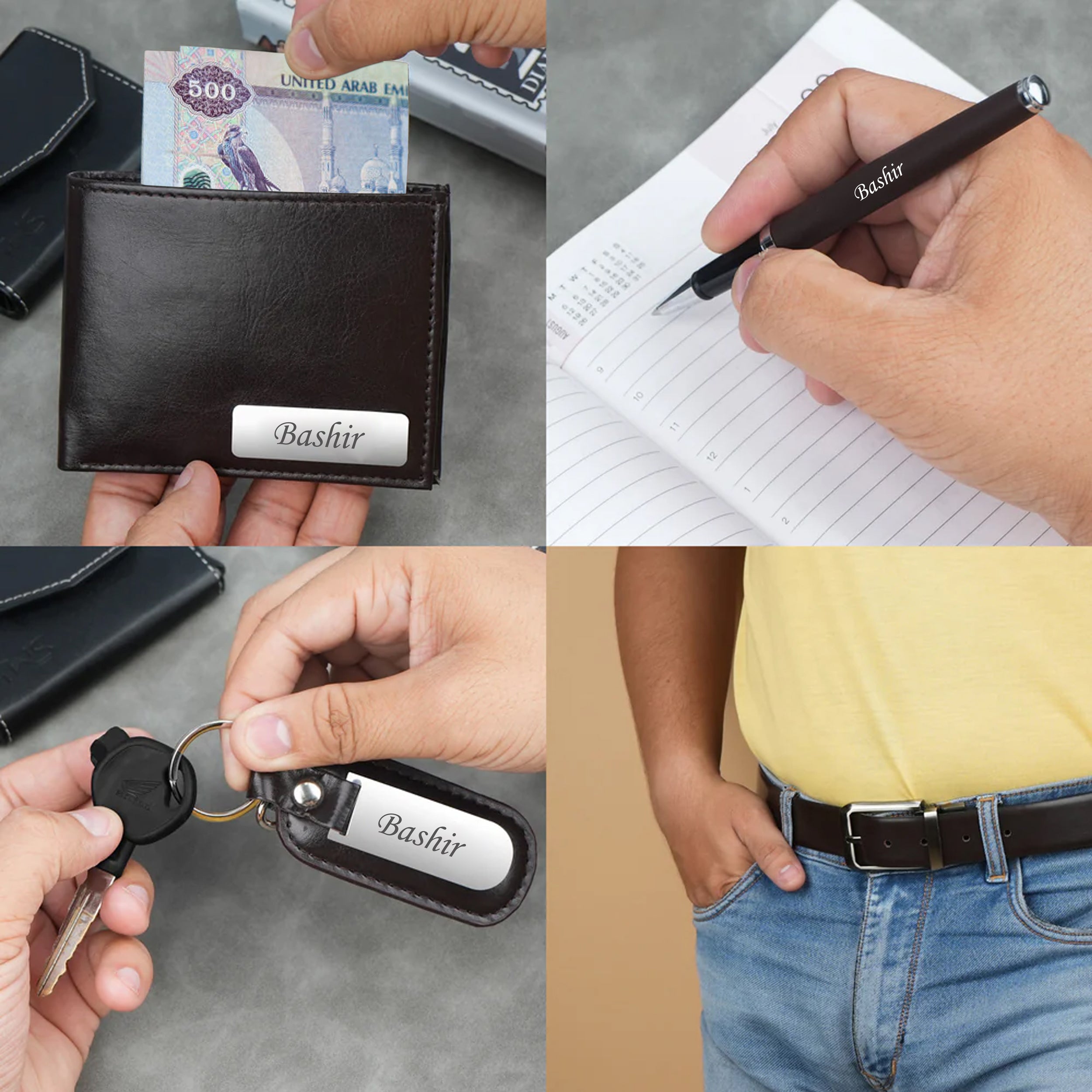 Personalized Wallet, Keychain, Pen & Belt Gift Set for Men