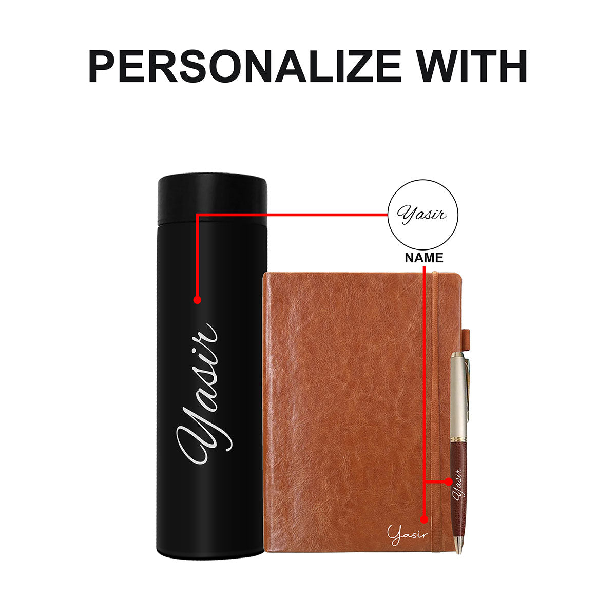 Personalized Brown Diary Pen And Black Bottle Combo