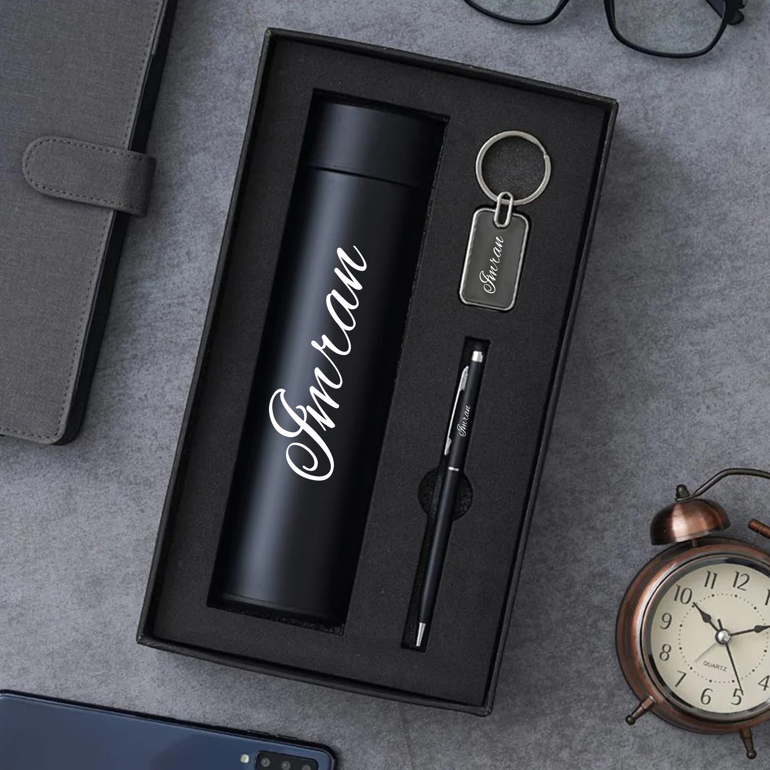 Personalized Key Chain & Pen Combo With Temperature Water Bottle