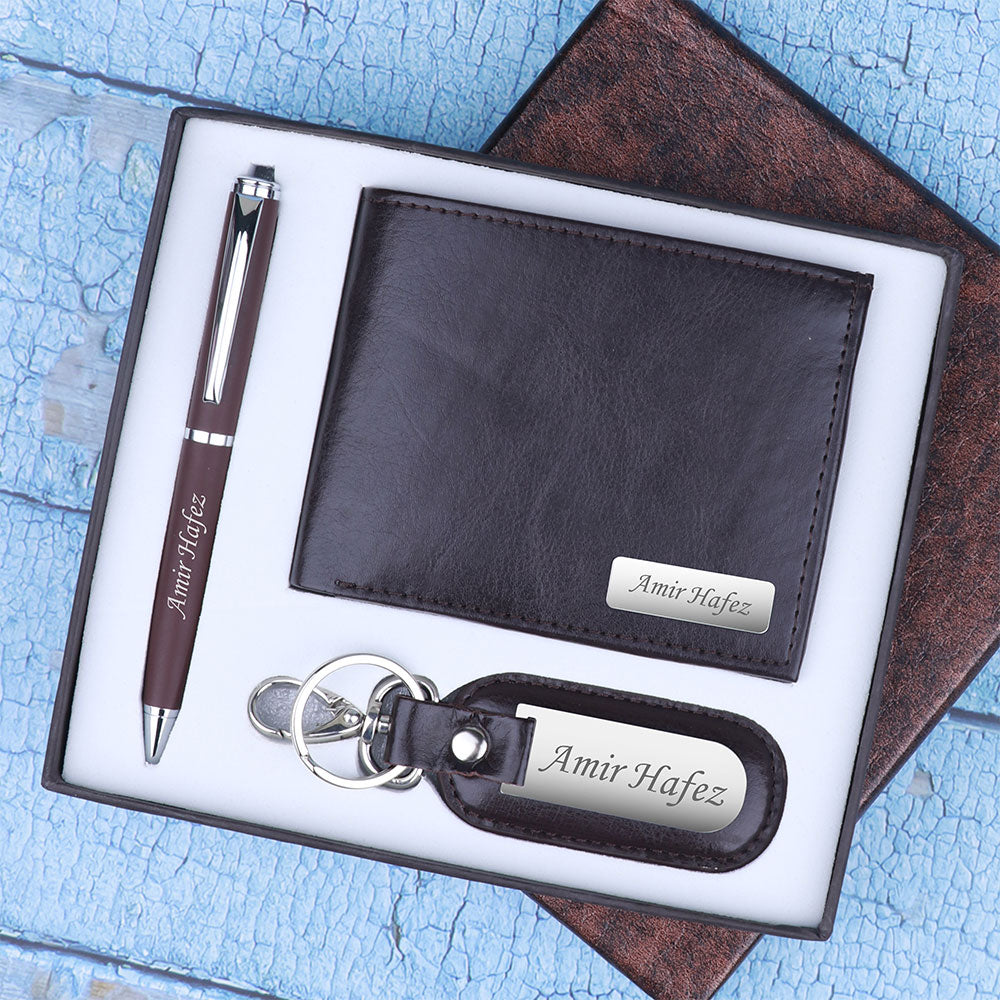 Personalized Wallet, Keychain, Pen & Belt Gift Set for Men